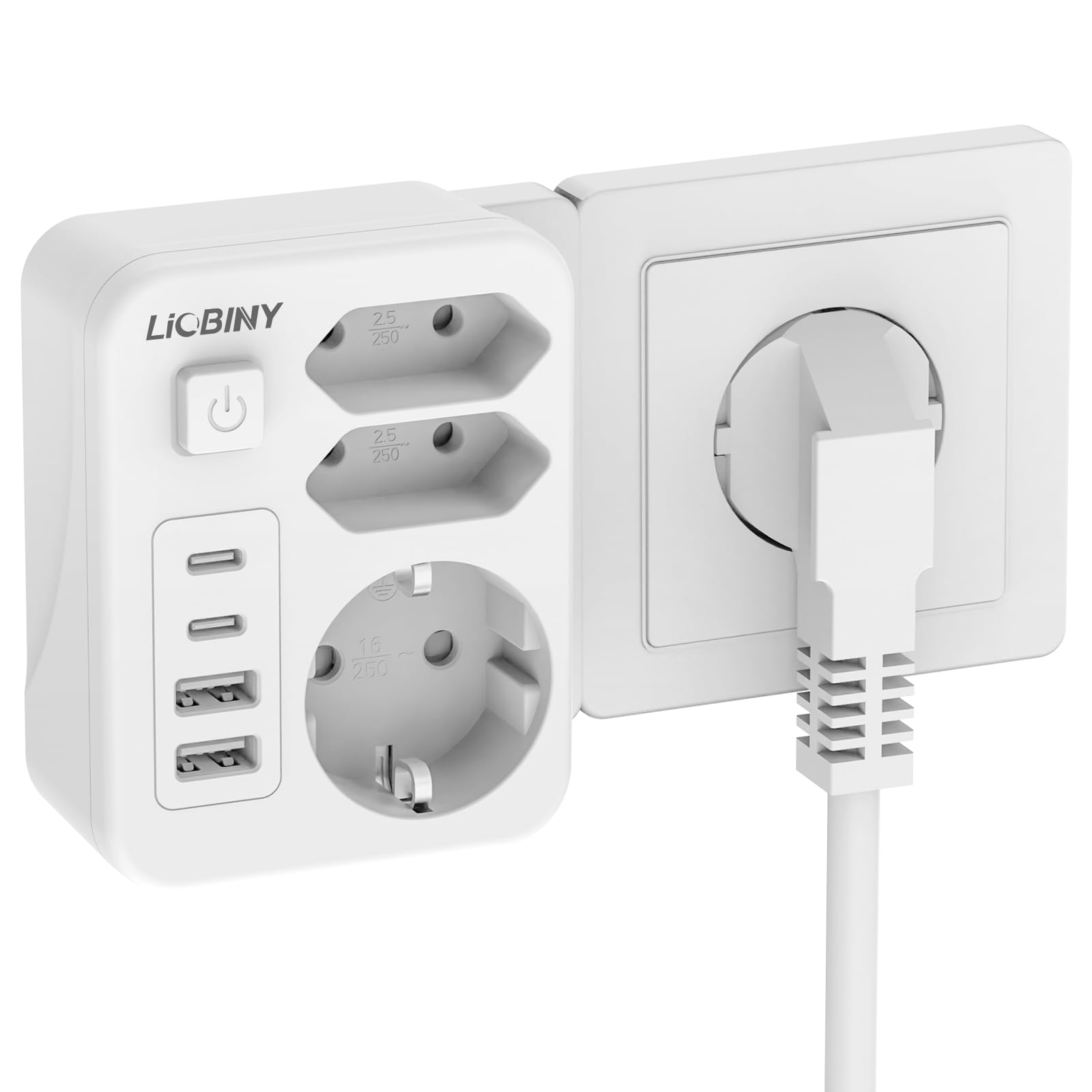 Doppelstecker für Steckdose mit 4 USB, 7 in 1 Steckdosenleiste 3 Fach Mehrfachsteckdose mit Schalter 3680W 16A Steckdosenadapter, Mehrfachstecker USB C Steckdosenverteiler für Büro Hause, Weiß