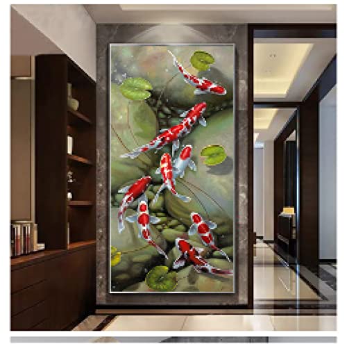 Affiche salon moderne paysage chinois rouge koi sur toile 40x80cm