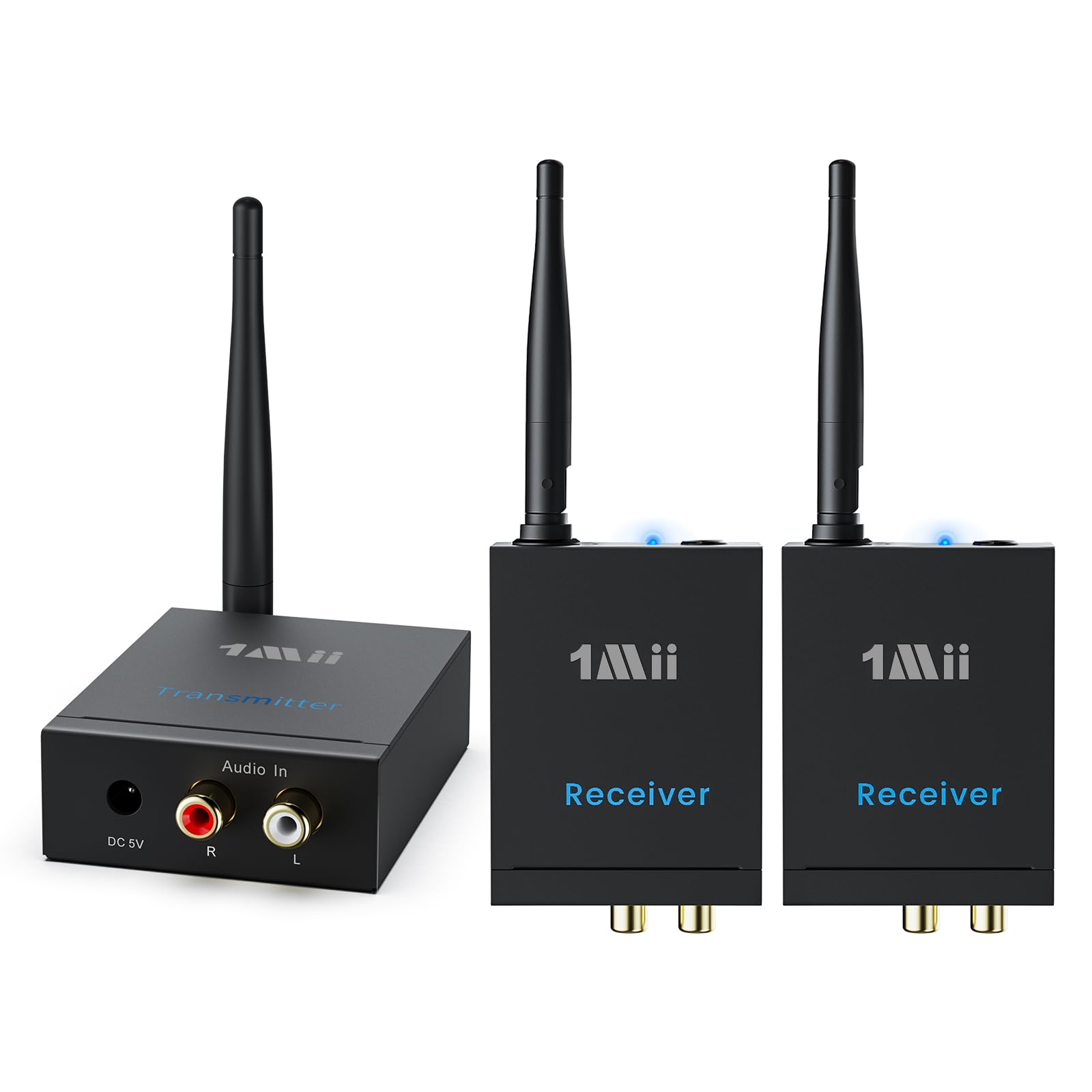 1Mii (1 TX + 2 RX) Drahtlos Audio Sender Empfänger, 2,4 GHz Funkübertragung | Niedrige Verzögerung, 100m Großer Reichweite von TV/PC zu Aktivlautsprecher/Verstärker/AV-Receiver, Cinch-Ausgang/-Eingang