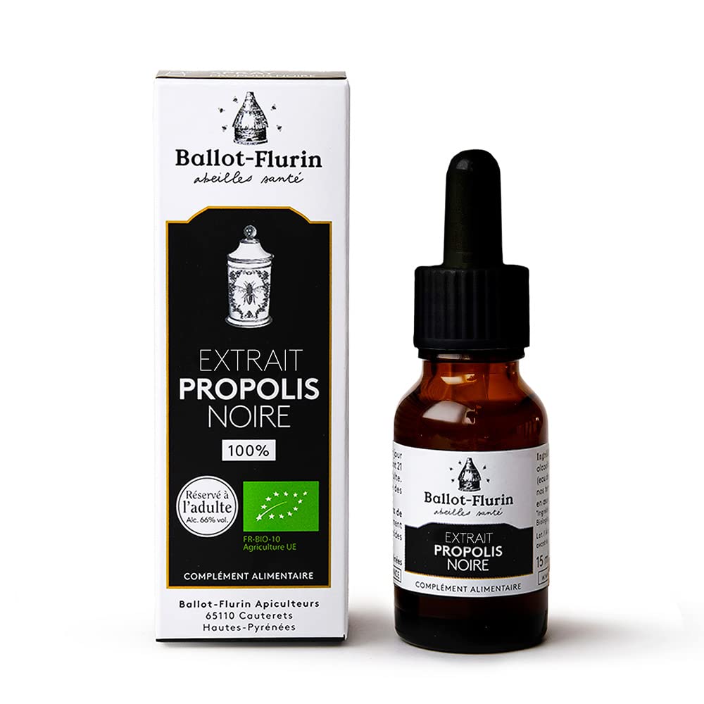 Ballot Flurin - Extrait Propolis Noire Française - MUTLIFONCTIONS : Sensibilités saisonnières, peau, hygiène buccale - Certifié Bio - Fabriqué en France - 15 ml