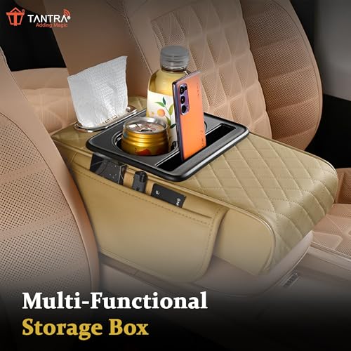 Image of TANTRA Premium Car Armrest Cushion Organizers, 5-in-1 Center Console Cover with 2 Storage Bags Cup Holder, Tissue Box Slot, Phone Slot for Sedans, Car Accessories Interior Organizers (Beige)