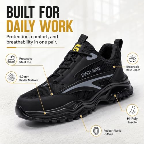Image of Steel Toe Shoes for Men, Lightweight Safety Work Shoes, Breathable Puncture-Resistant Work Shoes for Warehouse, Factory and Light Construction