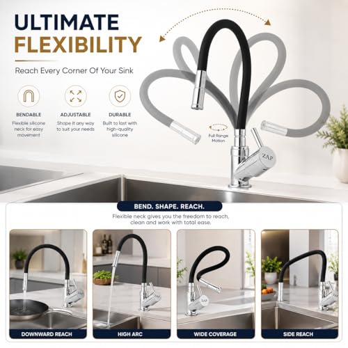 Image of ZAP Pluto Brass Kitchen Tap for Sink | Flexible Silicone Swan Neck Faucet with 360 Swivel Spout | Single Lever Cold Water Tap | Deck Mounted Kitchen Sink Mixer for Home & Utility Areas