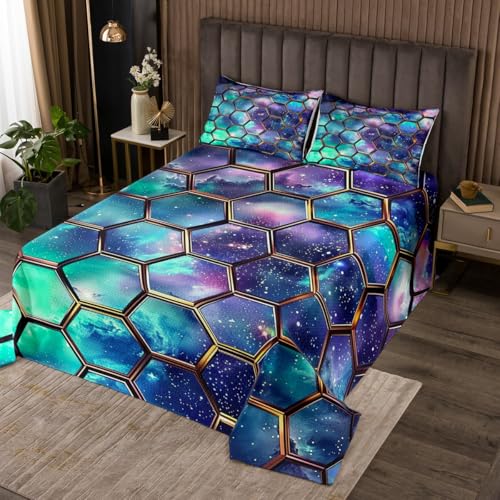 Abstract Honeycomb Coverlet Set Queen Size,Glitter Stars Galaxy Outer Space Durable Bedspread for Girls Teens,Geometric Hexagon Green Blue Nebula Soft Polyester Quilt Set, with 2 Pillowcases