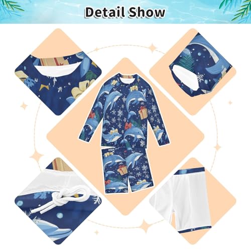Xmas Dolphin Snowflake Boys Swimsuit Rash Guard Toddler Kids Long Sleeve Swim Shirt and Trunks Swimwear Set 3-10Y3