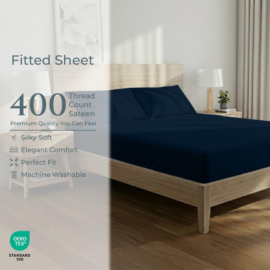 Image of Royale Linens 400 Thread Count Full Size Fitted Sheets Only - 100% Cotton Fitted Sheets Only - Luxury Sateen Weave - All Around Elastic Deep Pocket Bottom Sheet - Soft & Durable - Fit Up To 16 inch (Navy)