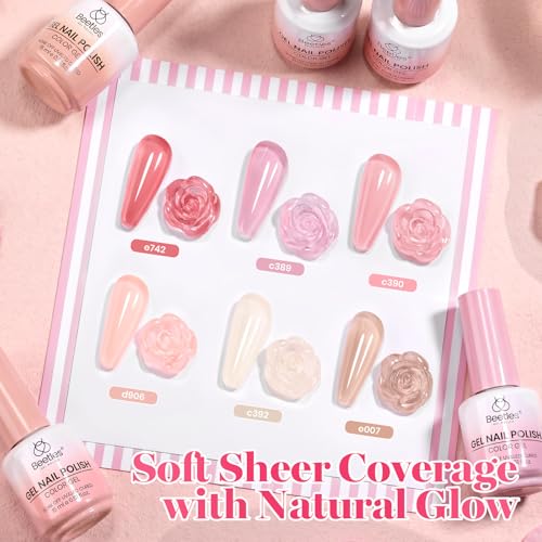 Image of Beetles Sheer Blush Nude Gel Nail Polish Set - 6 Colors 15ML Full Size Nude Pink Brown Neutral Jelly Gel Polish Kit Sheer Translucent Effect Soak Off UV Nail Art Design Manicure Gift for Women