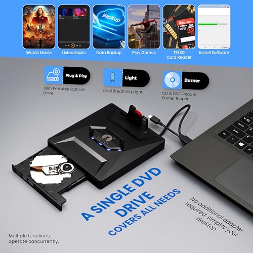 CEZO External USB 3.0 Portable Slim CD/DVD-ROM +-R-R-RW Burner Writer for Laptop Desktop Notebook Windows and Mac OS (USB C + USB 3.0 Black) - Image 6