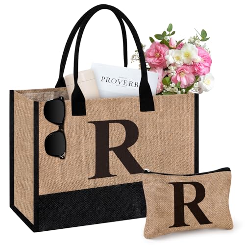 Tecanne Initial Jute Tote Bag & Makeup Bag, Birthday Gifts for Women Her Mum Teacher, Suitable for Wedding, Beach, Holiday ®