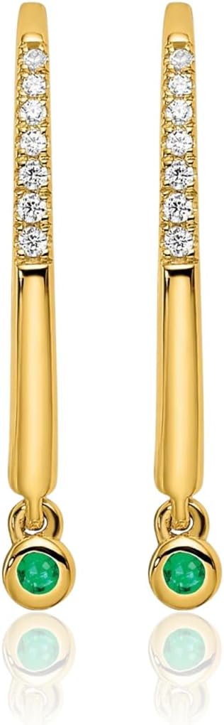 IceCarats 14K Solid Yellow Gold Green Emerald Diamond Medium Threader Solitaire Drop Earrings 21mm 7/8 inch Round Cut, Natural, Prong Set, Shepherd Hook For Her