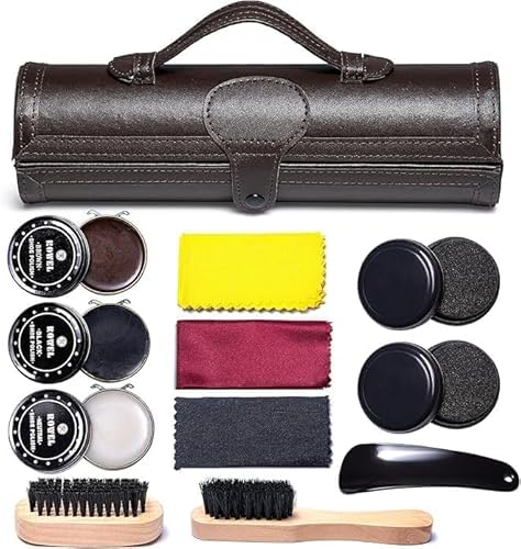 AaruBhakti 12PC Shoe Shine Kit – Premium Leather Boot Polish Kit with Brushes & Shoe Care Tools – Includes Brown, Black & Neutral Polishes for Leather Shoes, Boots & Accessories (Brown Case)
