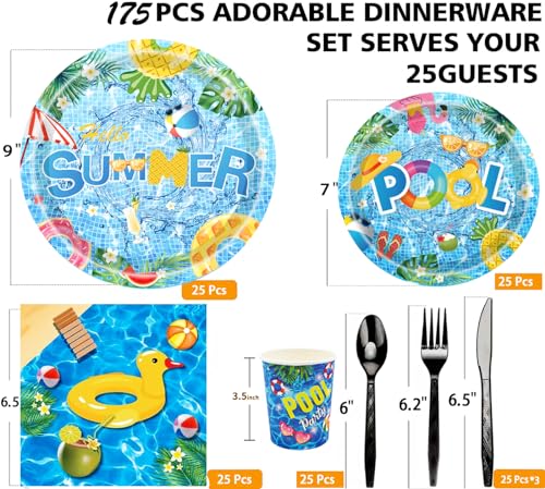 175Pcs Summer Pool Party Supplies Set 9"Summer Beach Dinner Plates 7"Pool Plates Napkins Cup Knive Fork Spoon for luau Beach Theme Pool Birthday Party Decorations Serve25 by HSPAIDYP - Used condition - Image 3