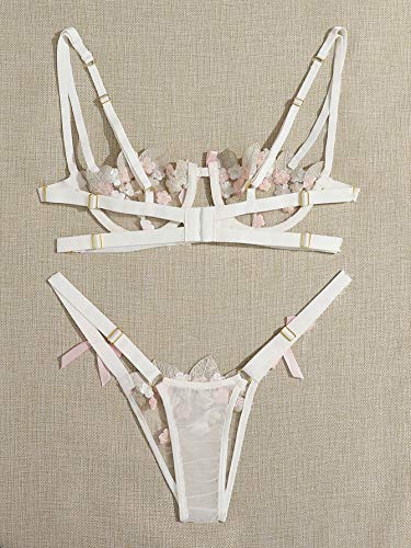 SheIn Women's 2 Piece Sexy Appliques Tanga Mesh Bralette Bra and Thongs Lingerie Set Pink#2 Medium - Image 3