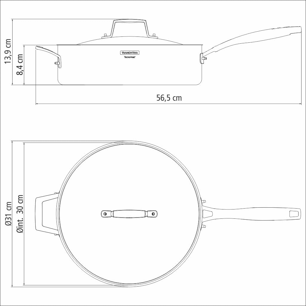 TRAMONTINA - Sartén Grano, de Acero Inoxidable y Terminación Brillante, con Cuerpo Triple, Tapa y Mango, 30 cm y 5,6 L | Ideal para cocinar, saltear y servir con cocción uniforme y eficiente