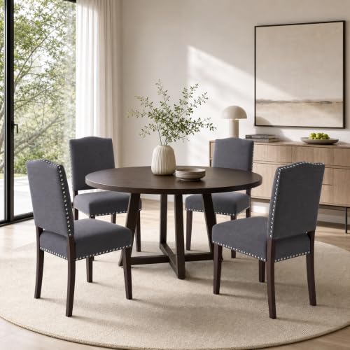 Image of Upholstered Dining Chairs Set of 4 with Thickened Seat Cushion, Wooden Mid-Century Modern Fabric Farmhouse Kitchen Chairs for Dining Room Living /Restaurant /Reading Room