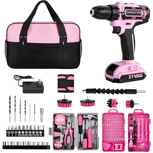 HUAKAYO Cordless Drill Set 154 Pcs, 21V Power Drill with 2 Batteries Tool Kit, Storage Bag, Electric Drills for Women, Precision Screwdriver set, Magnetic Tool Belt, Hand ToolBox, Drills Brush (Pink)