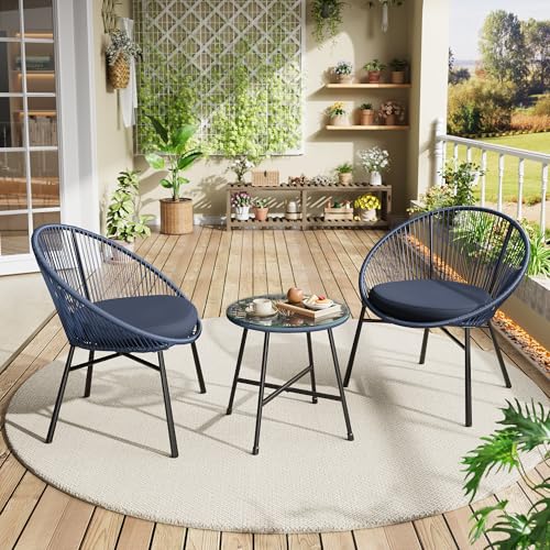 Reljofum 3 Piece Outdoor Acapulco Chair Patio Bistro Set, Acapulco Chairs Set of 2 with Thick Cushions & Tempered Glass Top Table, All Weather Patio Conversation Bistro Set with Steel Frame, Blue