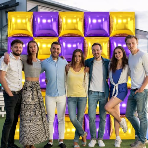 Image of Metallic Purple Gold and Silver Double Sided Square Foil Balloons Wall,19 Inches Chrome Foil Balloons Tunnel Arch Kit for Bachelorette,Anniversary,Graduation,Birthday Party Background Decoration
