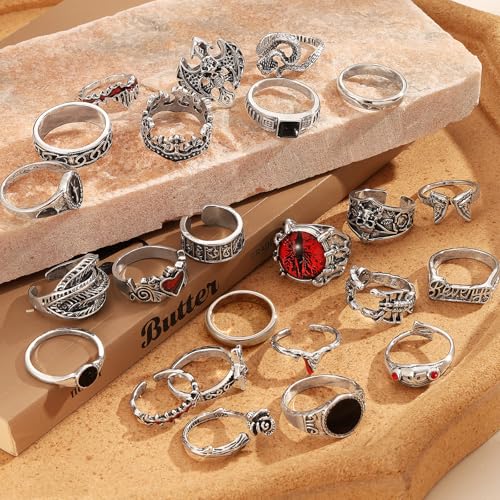 Image of IFKM Vintage Silver Knuckle Rings Set for Women, Stackable Joint Finger Statement Rings Bohemian Retro Hollow Carved Midi Rings, Boho Halloween Skeleton Skull Snake Heart Chunky Stacking Rings Pack