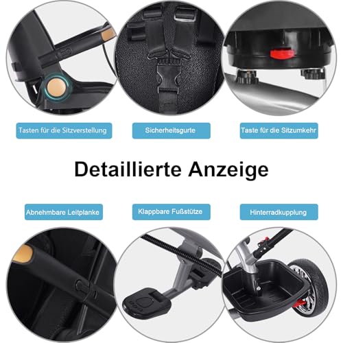 Vinteky Dreirad 6in1 Kinderdreirad mit Schubstange Lenksystem, drehbarer Komfortsitz, Kinder Dreirad mit Elterngriff, Sonnendach, Gummiräder, Jogger vorwärts und Rückwärtsfahrt, Buggy Fahrrad