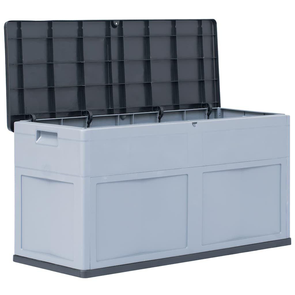 Générique Aufbewahrungsbox für den Garten, 320 Liter, grau schwarz, robuste Kunststoffbox für Kissen, Decken und Werkzeug, Innen- und Außenbereich, zeitloses Holzdesign