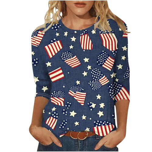Image of Fourth of July Shirts for Women 3 /4 Sleeve Summer Tops American Flag Print T Shirt Patriotic 4th of July Shirts 2025