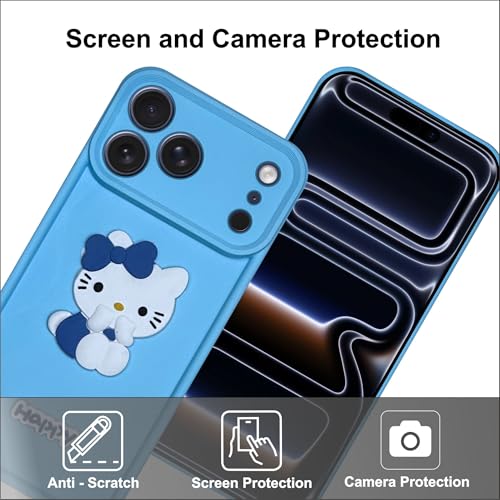 Image of SBMS Silicone Back Cover Case for iPhone 17 Pro | Cute Fun 3D Happy Kitty Design Silicone Case | Camera Protection Bump | Shockproof Back Cover Case for iPhone 17 Pro (Sky Blue)