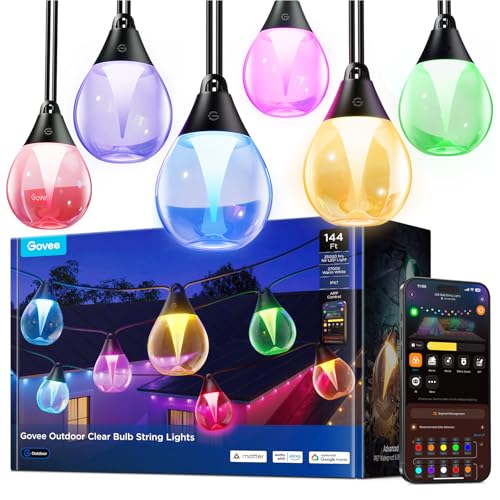 Image of Govee Clear Bulb Outdoor String Lights 144ft, RGBWIC Smart Outdoor Lights with 45 Dimmable LED Bulbs, 111 Scene Modes, IP67 Waterproof & Shatterproof, Works with Alexa, Google & Matter for Patio