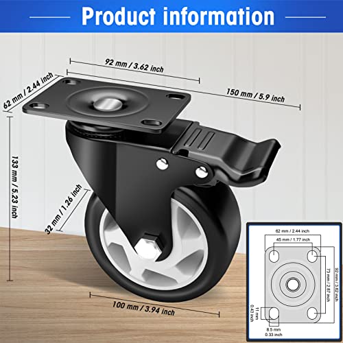 Image of 4 inch Caster Wheels Set of 8, Heavy Duty Casters with Brake, No Noise Locking Casters with Polyurethane (PU) Wheels, Swivel Plate Castors Pack of 8