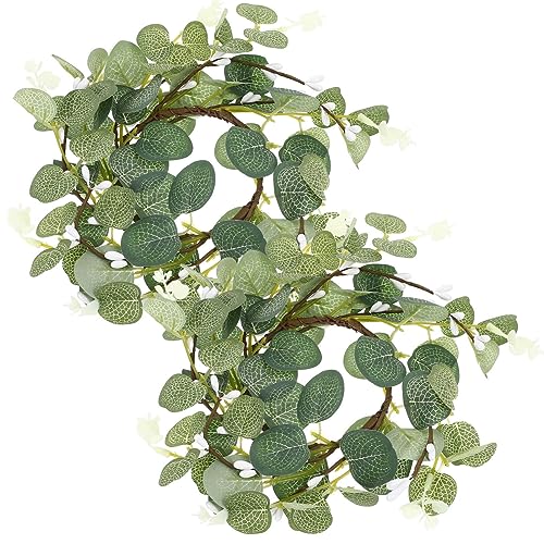 TOYANDONA 2Pcs Eucalyptus Candle Rings Wreaths, Artificial Eucalyptus Leaves Wreaths Candle Rings Easter Pillar s for Wedding Party Home Table Decor