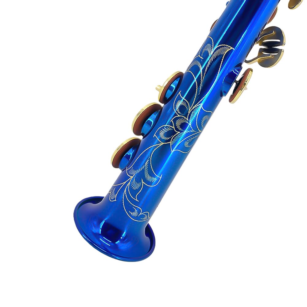 Saxofón soprano recto Bb de latón, instrumento de viento de madera, hermoso saxofón recto lacado azul para principiantes, juego combinado con funda de transporte y accesorios