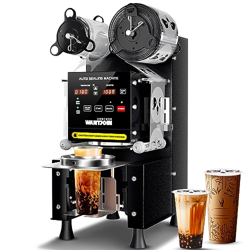 WantJoin Cup Sealing Machine Full Automatic Cup Sealer Machine 90/95mm Electric Cup Sealing Machine 500-600 Cups/H Digital Control LCD Panel Cup Sealer for Bubble Milk Tea Coffee Black