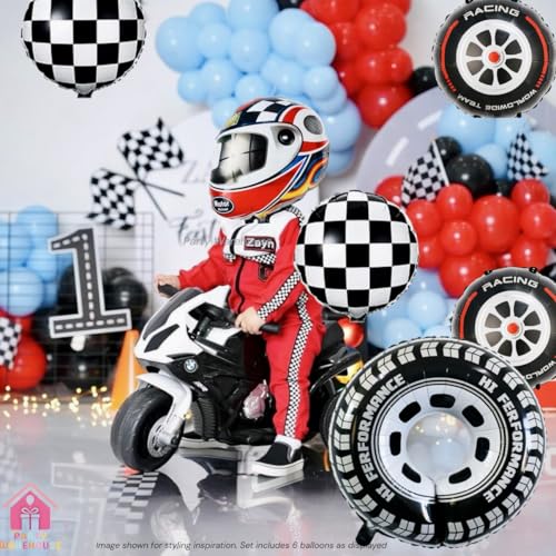Image of Party Warehouse Helmet + Tyres Balloon Set - Includes Racing Helmet, Big Tyre 32 Inch, 2 Tyres & 2 Chequered Foil Balloons | Elegant Racing Theme | Must-Have Essential for Party Decor
