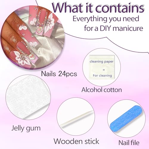 24 piezas de uñas acrílicas postizas largas tipo coffin con brillo ombré rosa cromado y diseño de pedrería para mujeres y niñas miniatura 4