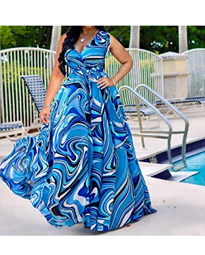 Image of lvenzse Womens Maxi Dress Boho Chiffon Floral Printed Long Party Dresses Plus Size with Belt (FBA)