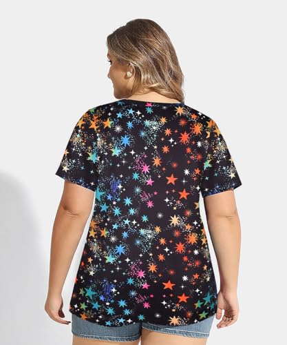 Image of CARCOS Plus Size Tops for Women Short Sleeve Shirt Summer Star /Leopard /Tie Dye /Flower Crewneck Pullover Tunic XL-5XL