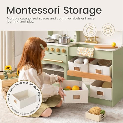 Image of Tiny Land Wooden Play Kitchen for Kids with Toy Storage for Pretend Play