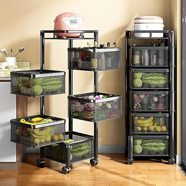 5-Tier Rolling Kitchen Cart, Multi-Layer Storage Rack on Wheels, Versatile nizer for Fruits, Vegetables, Snacks, Bathroom & Living Room - Black-Nd9N0EHg