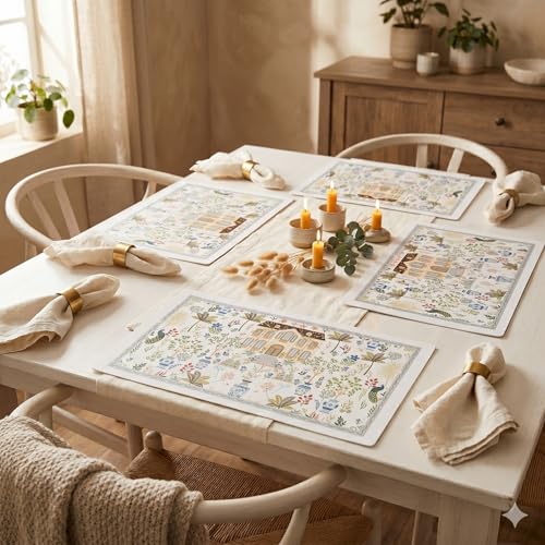 Upaado Leather Dining Table Placemat with Vintage Design - Pack of 4 | Heat Resistant, Waterproof, Non-Slip Table Mat for Kitchen Dining Table, PU Leather Mat for Table Protection (Off White)