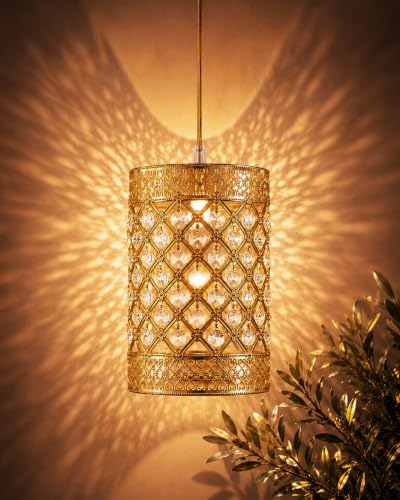 Image of Homesake Moroccan Crystal Hanging Pendant Light, Vintage Metal Jali Ceiling Lamp, Bulb Included for Living Room, Bedroom & Balcony, Warm Ceiling Light, Gold Round