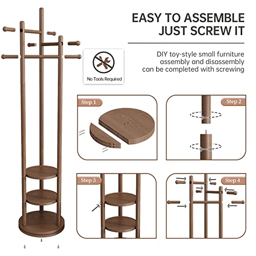 Kungfuwood Coat Rack, Rotary Coat Rack Freestanding,Fas Grade Rubber Wood,Coat Rack Stand With 3 Shelves And 3 Crossbar, Sturdy And Easy Assembly Wooden Coat Tree (Walnut) #TOP5
