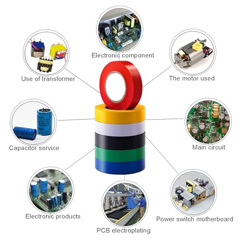 Image of Electrical Tape Multicolor 6 Pack, 3 /4 in x 33ft, PVC Insulation Tape, Flame Retardant & Weather Resistant, Color Coding for Wires, Circuits, and DIY Projects