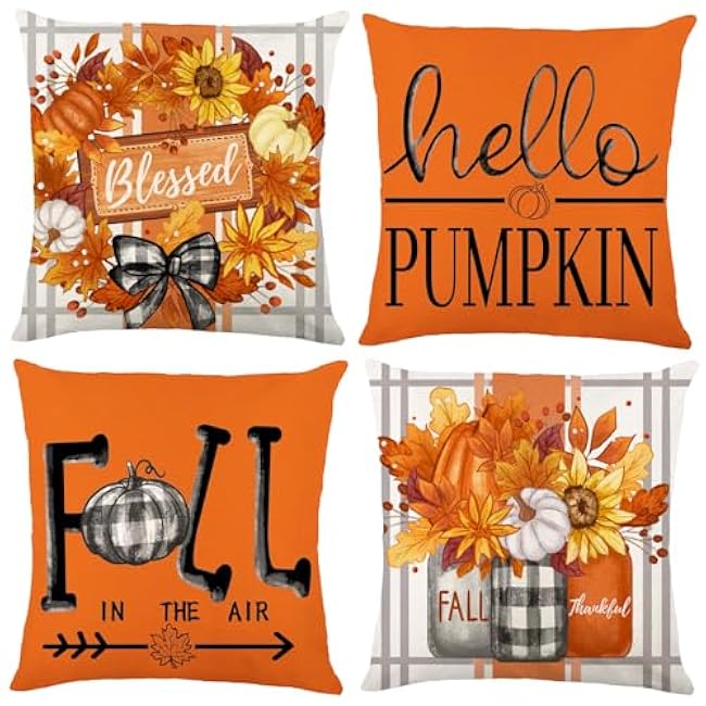 4pcs Fall Pillow Case Decoration 18x18in Thanksgiving Pumpkin Vase Floral Buffalo Throw Pillow Covers Autumn Harvest Cushion Pillow Covers for Farmhouse Couch Sofa Outdoor Home Decor