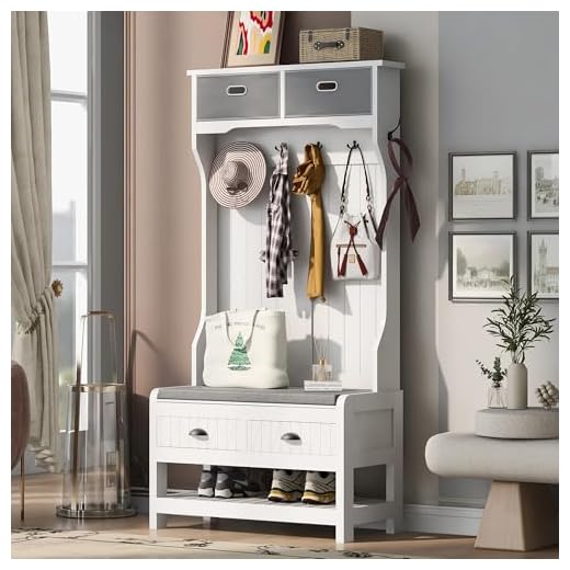Merax Hall Tree with Storage Bench for Entryway, 3-in-1 Design Coat Hanger w/ 4 Hooks and Shelves Cabinet for Living Room, White