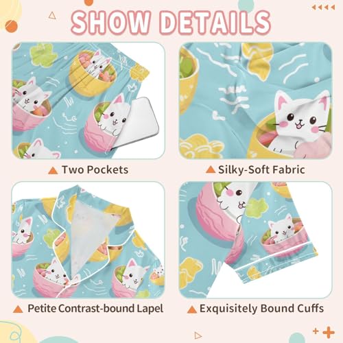 senya Cat in Bowl Satin Summer Pajama Sets Silk Short Sleeve Button Down Sleepwear3