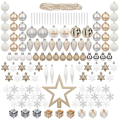ITART 115pcs Christmas Tree Ornaments Assortment Including Star Tree Topper Baubles Snowflakes Pine Cone Nutcracker Figurines Icicles Beads Garlands (Champagne White and Silver)