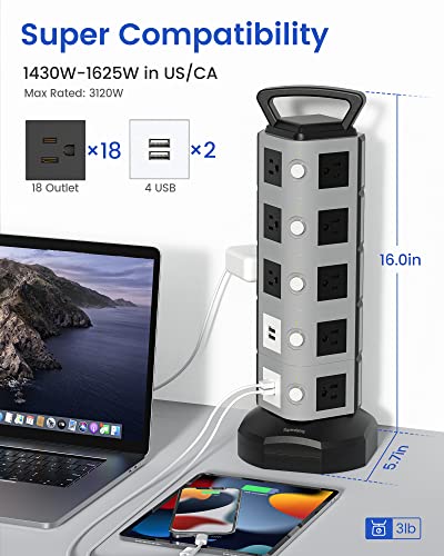 Superdanny Surge Protector Power Strip Tower 3000W 13A 18 Outlet & 4.2A 4 Usb Ports 6.5Ft Extension Cord Desktop Charging Station 900 Joules, 3-Prong, Grounded, Multiple Protections For Home, Office #TOP1
