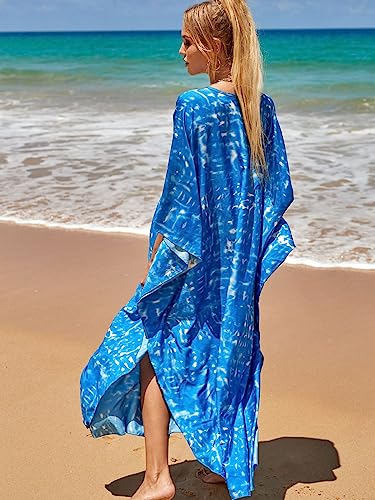 Image of sunforyou Kaftan Dresses for Women Plus Size Lightweight Swimsuit Cover up Batwing Sleeve Print Loungewear Beach Robe