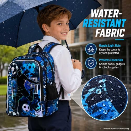 Image of AGSDON 3PCS Kids Backpack for Boys, 17 inch Football Backpacks with Lunch Box, Water Resistant and Lightweight Bookbag for Teenagers