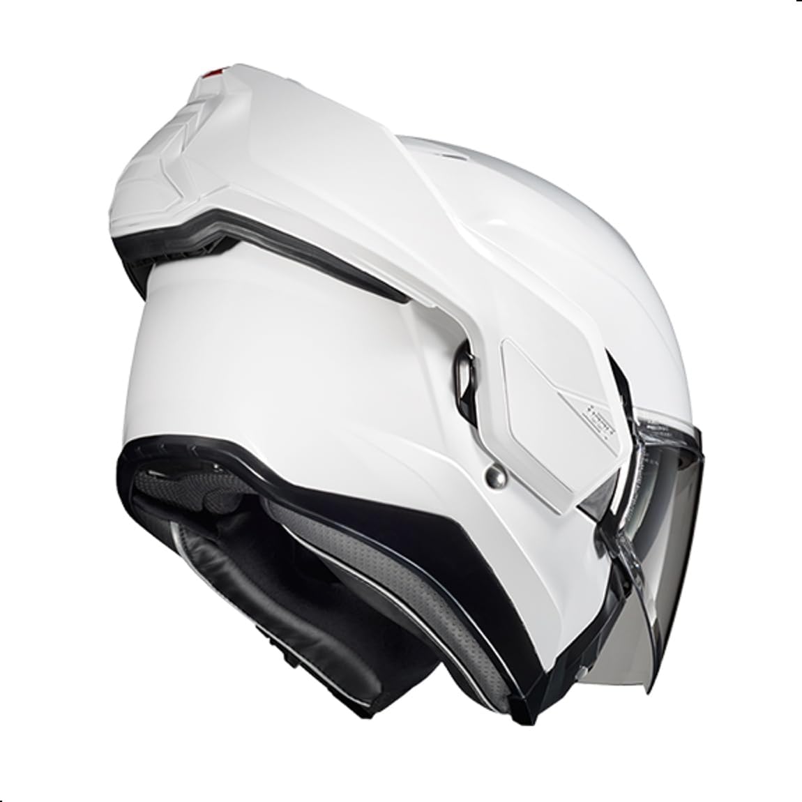 Side view of the HJC i100 modular helmet in white, showing the chin bar in the closed position.